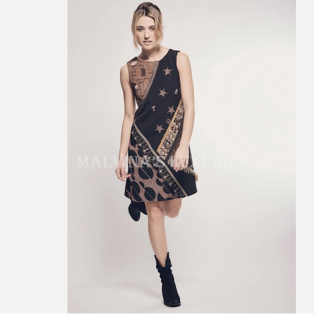 SAVE THE QUEEN DRESS SHEATH EMBELLISHED BLACK BEADS EMBROIDERY sz S SMALL
